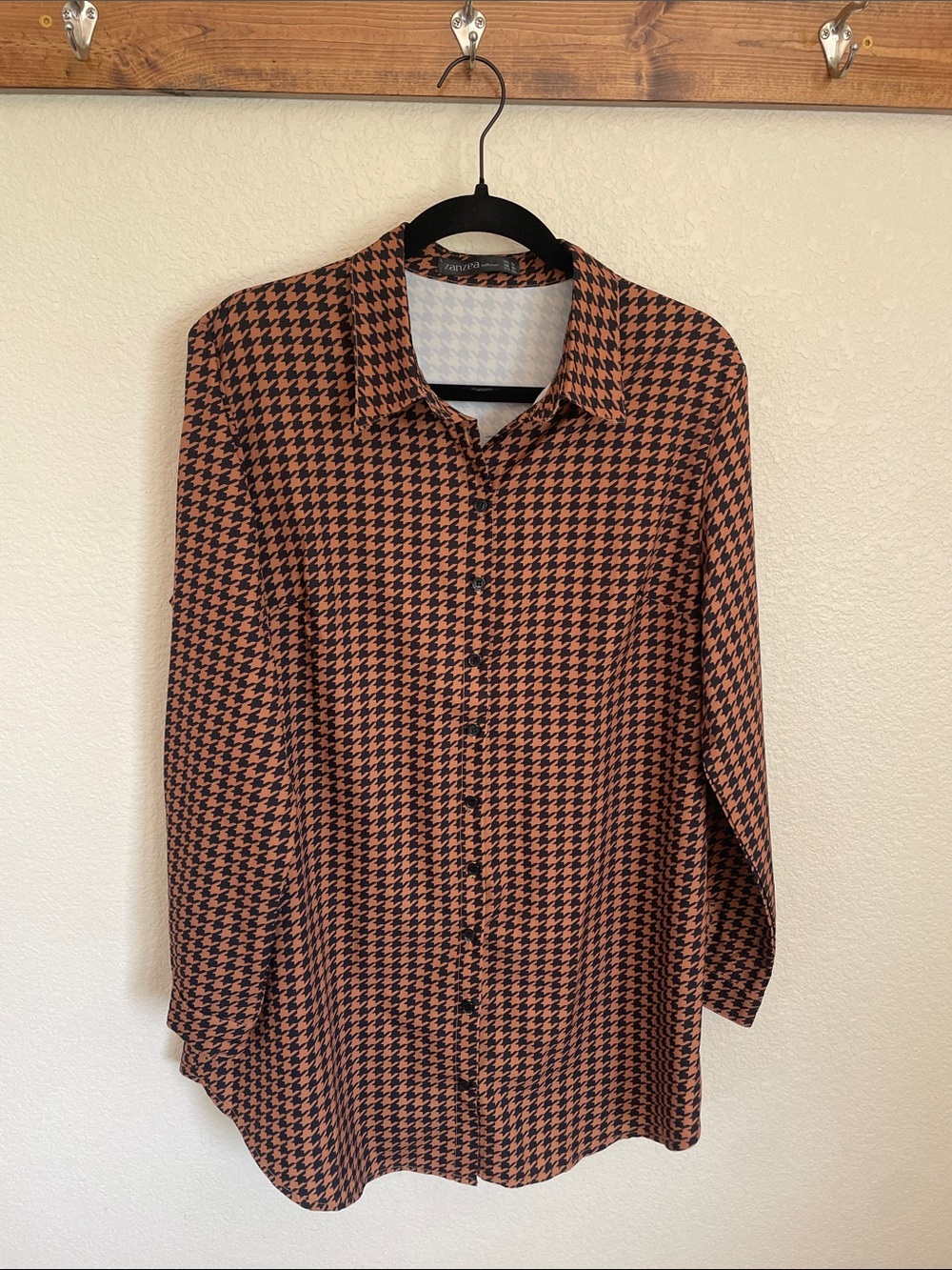 Zanzea Black & Brown Houndstooth Button-Down Shirt 12 Career Longline Workwear